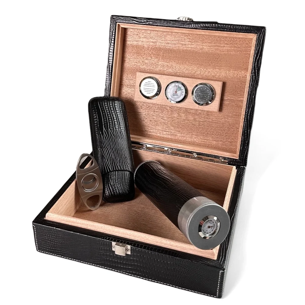 Prestige Black Faux Alligator Leather Humidor - 20 Cigar Capacity