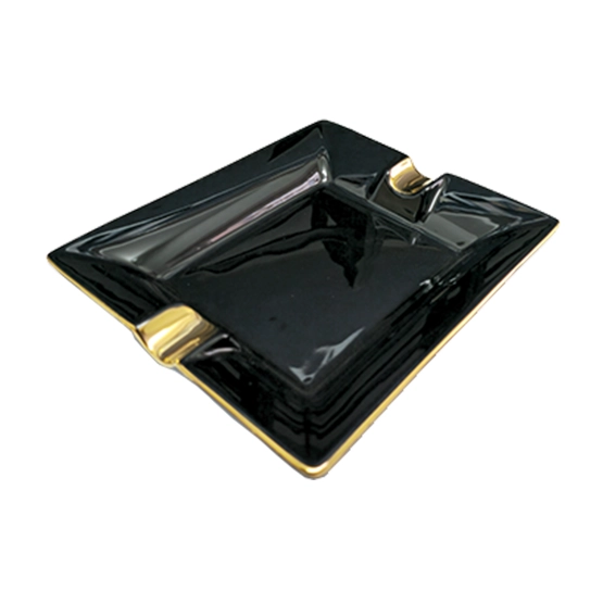 BLD Black Ceramic Square Cigar Ashtray (2 Cigar Rest) – Black with Gold Trim