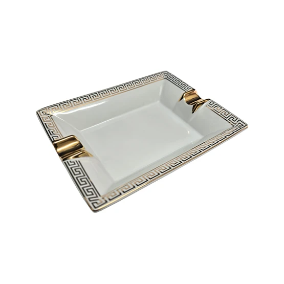 BLD Ceramic Greek Mosaic Square Cigar Ashtray (2 Cigar Rest) – White and Gold