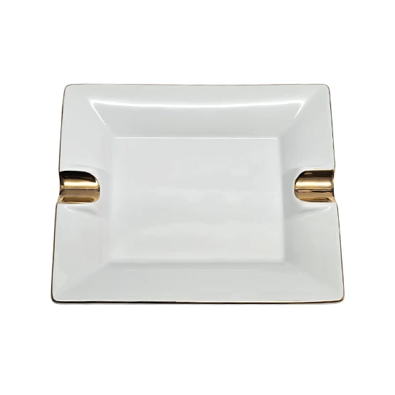 BLD Ceramic Pure Square Cigar Ashtray (2 Cigar Rest) – White with Gold Edging