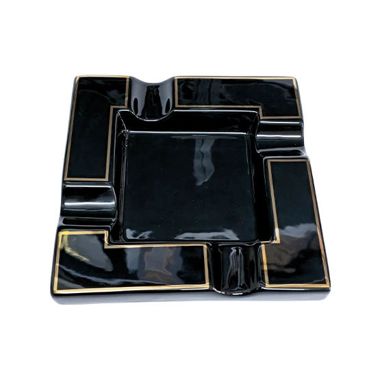 BLD Ceramic Square Cigar Ashtray (4 Cigar Rest) – Black with Gold Trim