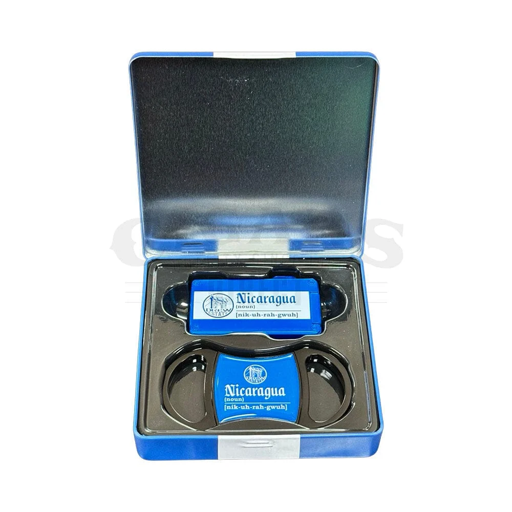 Blue & White Nicaragua Metal Cigar Rest/Cutter & Lighter