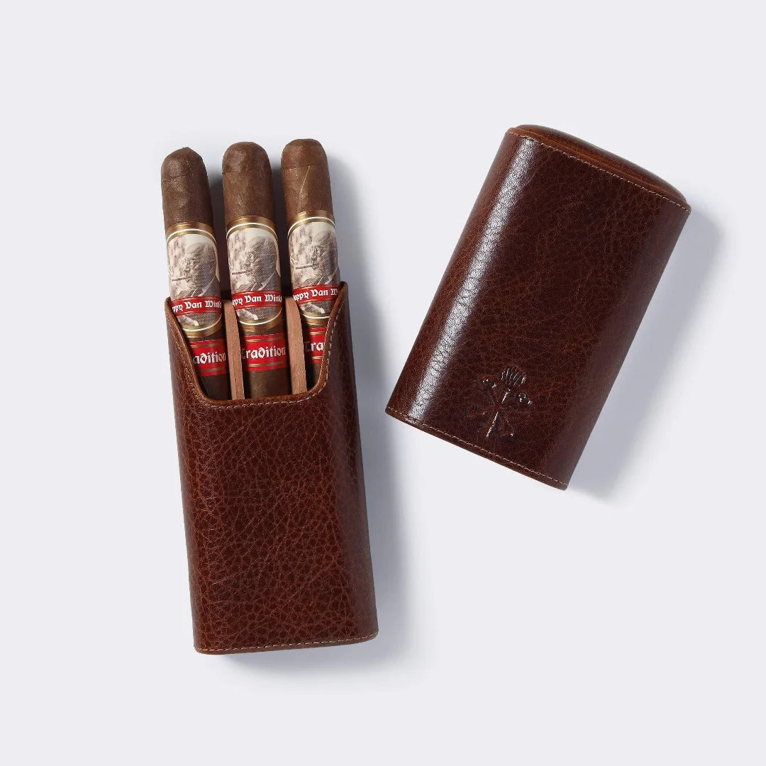 Custom "Show Band" 3-Cigar Case Made with Antique Saddle Brown Leather and Walnut Wood