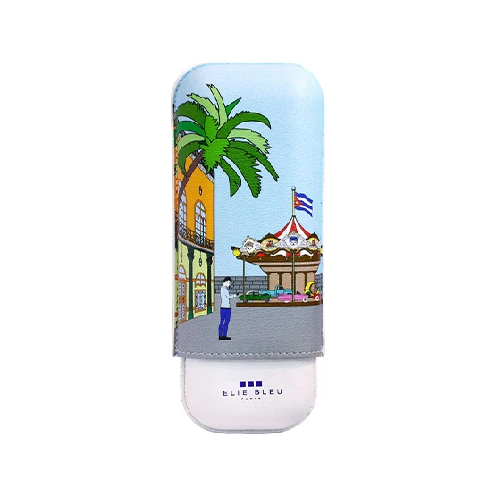 Elie Bleu Leather Cigar Case Casa Cubana Carousel – 2 Robusto