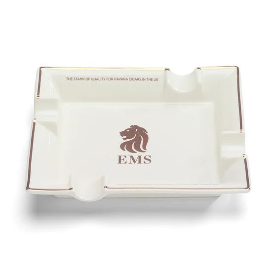 EMS White Ceramic Cigar Square Ashtray (4 Cigar Rest)