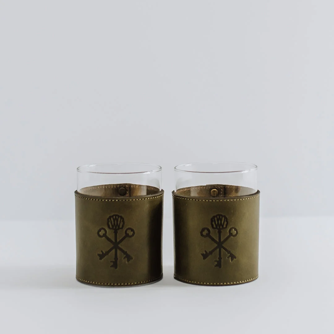 Olive Leather Wrapped Old Fashioned Glasses (Set of 2)