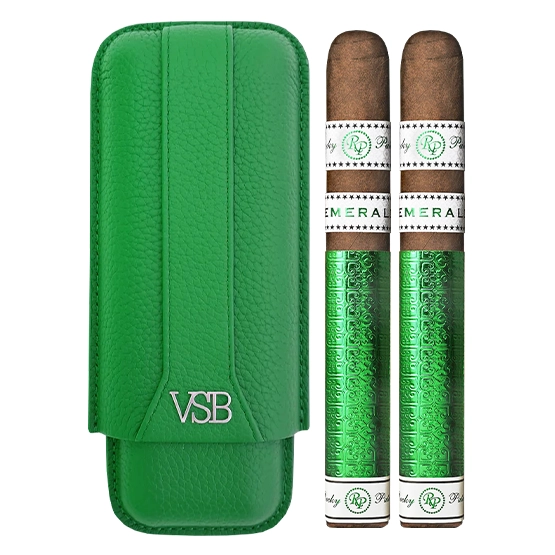 VSB Green 2 Finger Leather Case and Double Rocky Patel Emerald Toro Gift Set