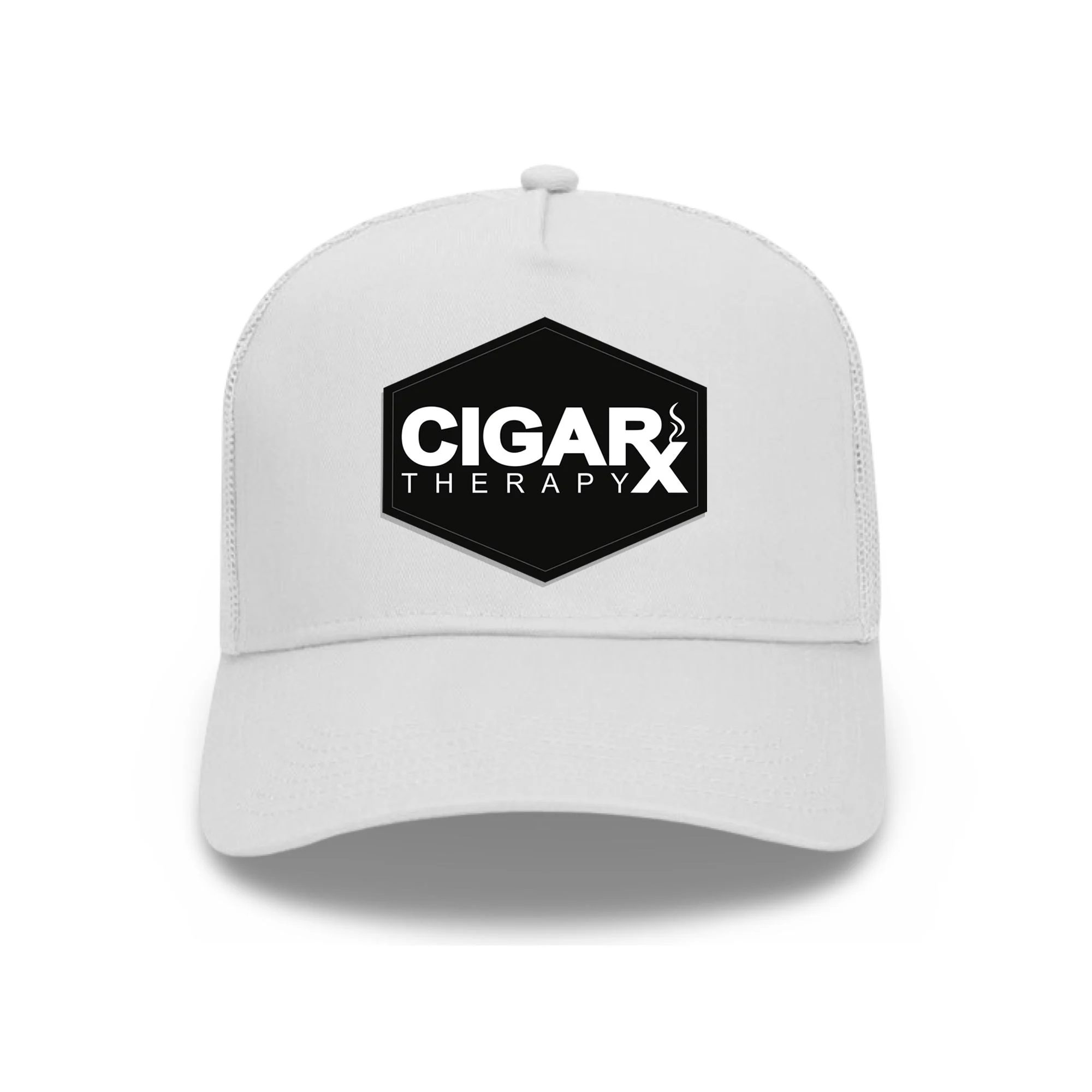 White Curved Trucker with Black Classic Patch