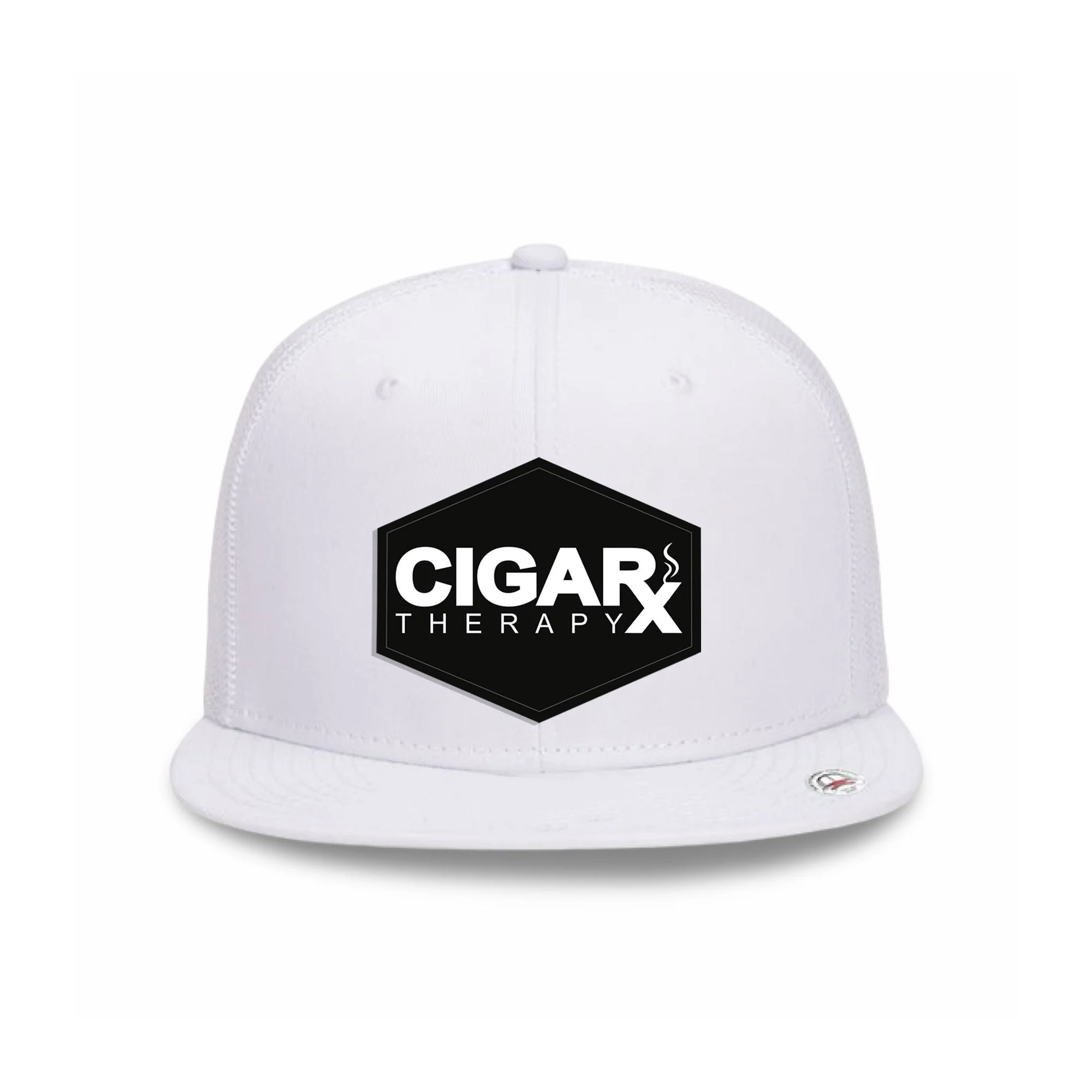 White Flat Trucker with Black Classic Patch